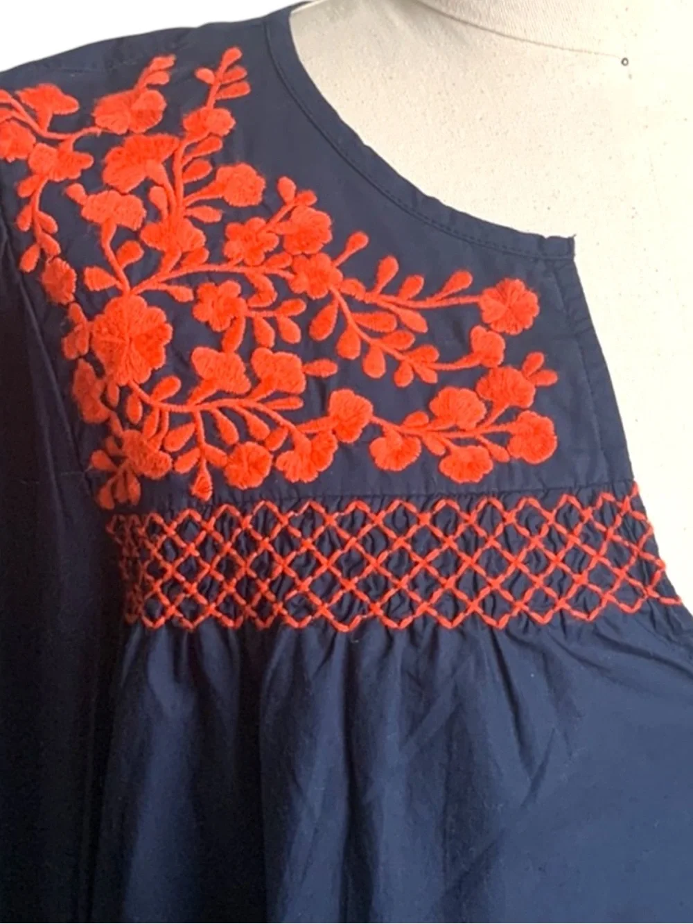 J. CREW Leda Navy Shift Dress w/ Orange Embroidered Yoke Size Medium